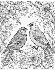 Two colorful birds surrounded by flowers. Coloring page