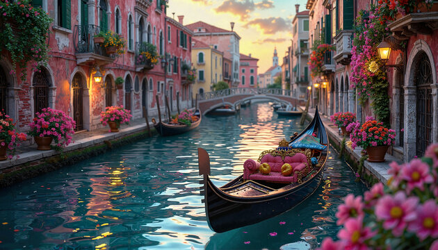 Scenic canal with gondola and colorful flowers at sunset in Venice - Powered by Adobe