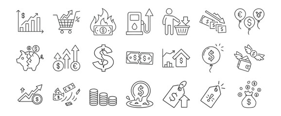 finance, money, growth, graph, chart, arrow, up, down, shopping cart, fire, burning, dollar, gas pump, price, person, basket, coins, piggy bank, broken, euro, yen, balloon, wallet, wings, tag, price t