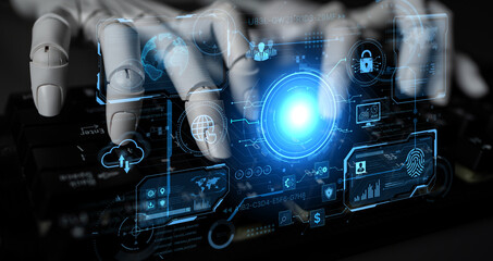 An AI assistant operates a futuristic command center, managing a global technology platform. The...