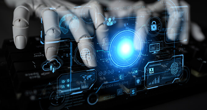 An AI assistant operates a futuristic command center, managing a global technology platform. The system provides intelligent data security and network administration. Fermion