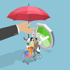3D Isometric Flat Vector Illustration of Consumer Protection, Young Family Shopping Together With Umbrella