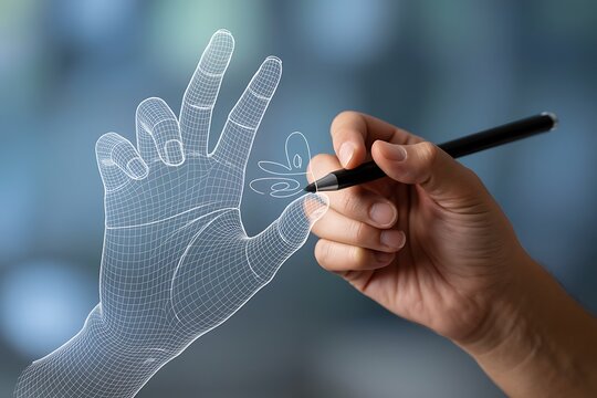 Hand drawing a digital outline of a human hand with a stylus