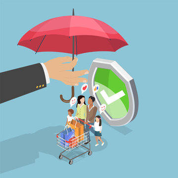 3D Isometric Flat Vector Illustration of Consumer Protection, Young Family Shopping Together With Umbrella