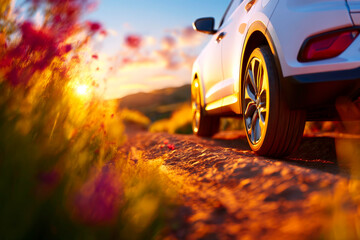 Modern hatchback driving on countryside road compact efficient mobility