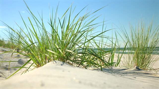 trawy porastające wydmy morskie wiejące na wietrze w piękny słoneczny dzień 