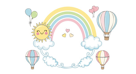 Whimsical Rainbow Border with Sun, Clouds, Balloons, and Hot Air Balloons for Children's Designs