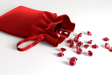 Velvet red bag with a scattering of rubies on a white background. Exhibition of precious stones. Jewelry industry. 3d rendering.