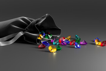 Velvet black bag with a scattering of multi-colored stones on a dark background. Exhibition of precious stones. Jewelry industry. Close-up. 3d rendering.