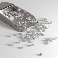 Metal scoop with diamonds on the table. White background. Selection and sorting of stones. Jewelry industry. 3d rendering.