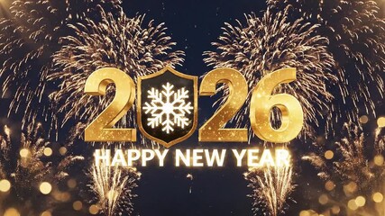 Golden numbers 2026 with a snowflake emblem are illuminated by dazzling fireworks against a dark blue night sky, celebrating a happy new year
- Powered by Adobe