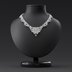 Luxurious diamond necklace on a leather bust stand. Frontal view. Jewelry showcase. 3d rendering.