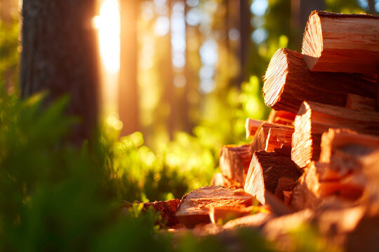 Natural woodpile surrounded by tall trees rustic forest resource