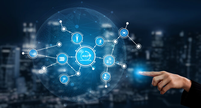 A hand interacts with a digital interface showcasing various technology icons in a modern urban setting, symbolizing innovation and connectivity in business. Tessel