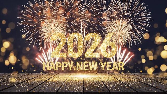 Golden 2026 numbers with a snowflake and happy new year text, illuminated by fireworks and light streaks, celebrating the upcoming year

