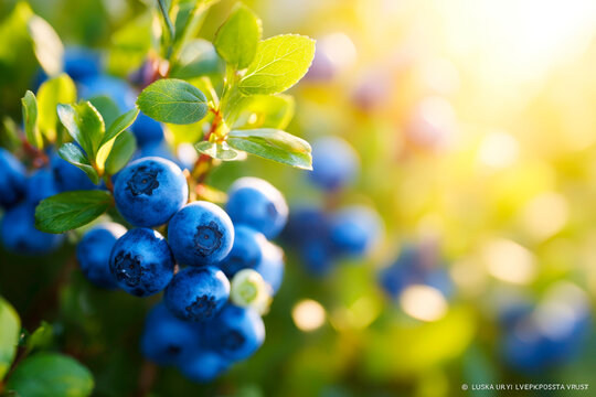 Organic bilberries ripening in summer forest fresh wild berries