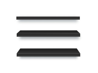 Set of empty wooden store shelves with LED lighting. Product shelf with wood texture and black wall mount. Grocery rack. Vector © YURII