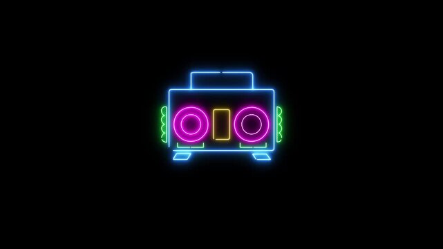 Neon glowing audio player icon . ghetto blaster in retro neon over dark background