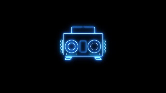 Neon glowing audio player icon . ghetto blaster in retro neon over dark background