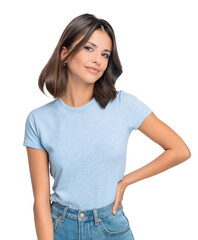 Fototapeta premium Beautiful young Caucasian teen girl with hand on hip wearing blue t-shirt and jeans, isolated on white or transparent background