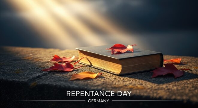 Sacred old book rests on rough stone surface, illuminated by divine golden light. Scattered red autumn leaves evoke German Day of Atonement and profound spiritual contemplation.