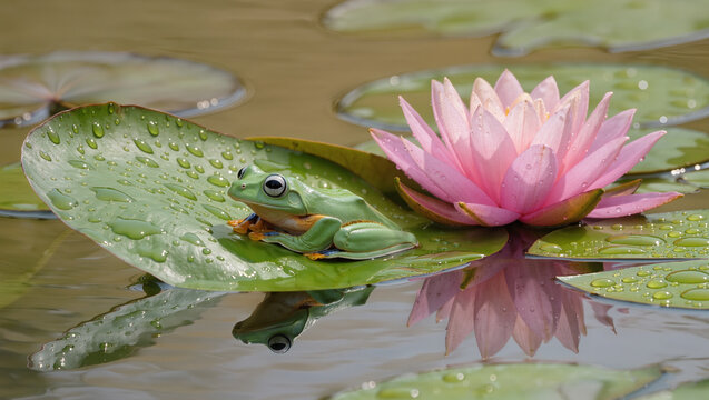 Bright green tree frog resting on a dewy lotus leaf beside a pink water lily, tranquil pond scene full of harmony and color.