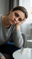 Tired woman leaning head on hand, showing anemia symptoms with dark circles under her eyes. An iron (Fe) supplement dispenser and water glass sit on a table. Health and chronic fatigue concept.