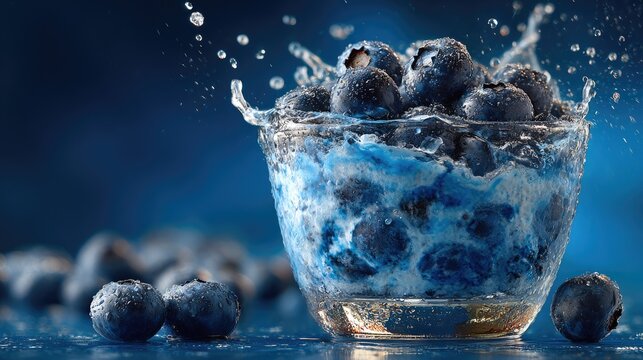 Fresh Blueberries in Splash of Water on Blue Background
