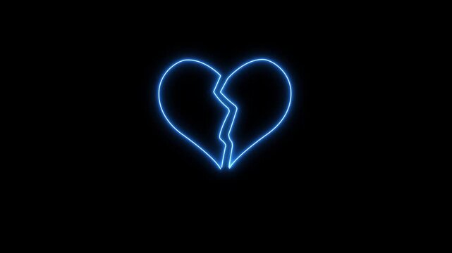 Neon glowing broken heart line on black background. Broken heart line in neon light design. Symbol of love loss, and heartbreak in a modern glowing design.