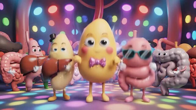 Animated food characters dancing under stage lights in a colorful scene
