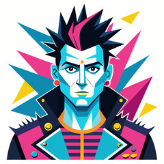 A stylized portrait of a punk rocker with a mohawk, wearing a leather jacket and striped shirt, set against a vibrant geometric background.