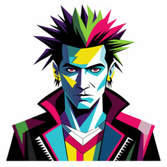A stylized portrait of a punk rocker with a spiky mohawk, intense red eyes, and a jacket adorned with geometric patterns and bright colors.