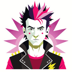 A stylized portrait of a punk rocker with a mohawk, bold makeup, and a leather jacket, set against a vibrant pink burst.