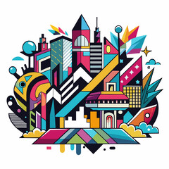 A colorful and abstract cityscape illustration featuring geometric buildings, sharp angles, and a playful, modern aesthetic.