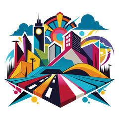 A dynamic, abstract illustration of a city skyline featuring geometric buildings, clouds, and a colorful road leading into the scene.