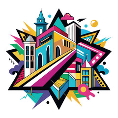 A stylized, abstract cityscape composed of geometric shapes and bold colors, creating a dynamic and modern urban landscape.