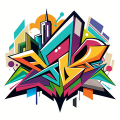A dynamic and colorful abstract graffiti design featuring sharp geometric shapes, stylized cityscape elements, and a bold color palette.