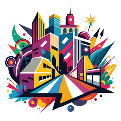 A colorful, abstract illustration of a city skyline featuring geometric buildings, dynamic shapes, and a rainbow-colored road.