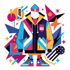 A stylized figure wearing a colorful, geometric jacket and sneakers, surrounded by abstract shapes and bright colors.