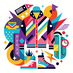 A colorful, abstract illustration featuring a retro jacket, sneakers, and backpack surrounded by dynamic geometric shapes and stars.