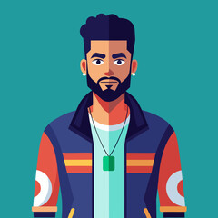 A flat illustration of a man with a beard, stylish jacket, and a green pendant against a teal background.