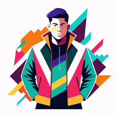 A vibrant illustration of a young man in a colorful jacket against a dynamic abstract geometric background.