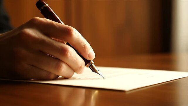 Elegant close-up of a hand writing with a classic fountain pen on a white paper document on a warm wooden desk Perfect for themes of signing contracts crafting 