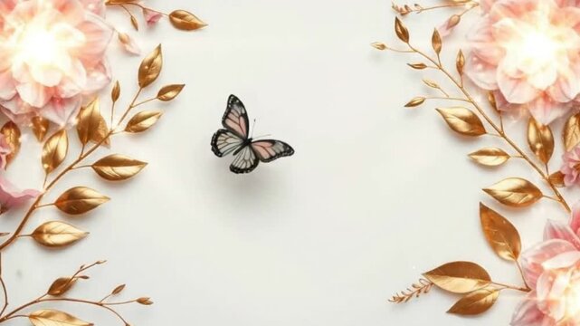 Pink flowers  gold leaves frame butterfly on white