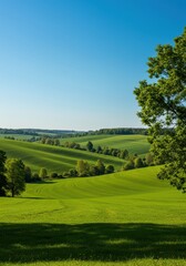 A beautiful serene countryside vista featuring rolling green hills, cultivated fields, and abundant deciduous trees under a clear blue sky, serene, cultivation, outdoor