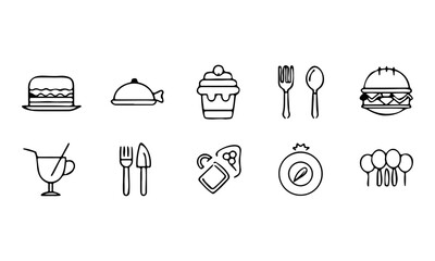 Collection of hand drawn food and drink icons in black and white