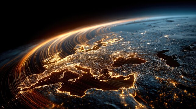 Europe at Night with Glowing Light Trails from Space