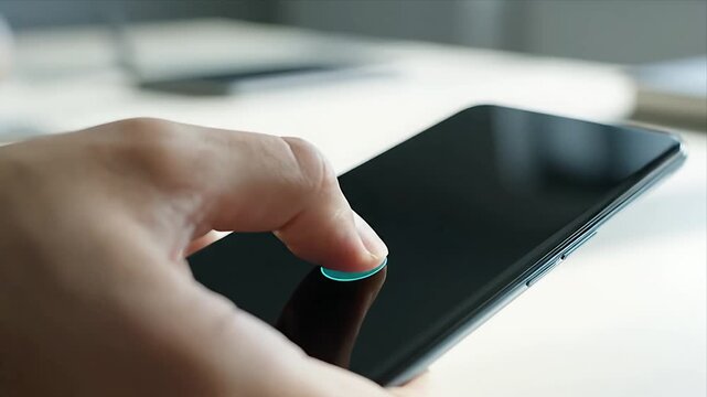 Close up of a human hand using a smartphone with a glowing blue fingerprint sensor on the screen for unlocking or authentication showcasing modern biometric