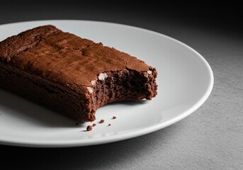 A decadent chocolate fudgy brownie resting on a white plate, noticeably missing a bite taken out of the corner, ready for consumption ,consumed, moist, missing