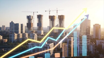 Financial growth and business success concept with glowing bar graphs and line charts moving up against a backdrop of modern urban development - Powered by Adobe